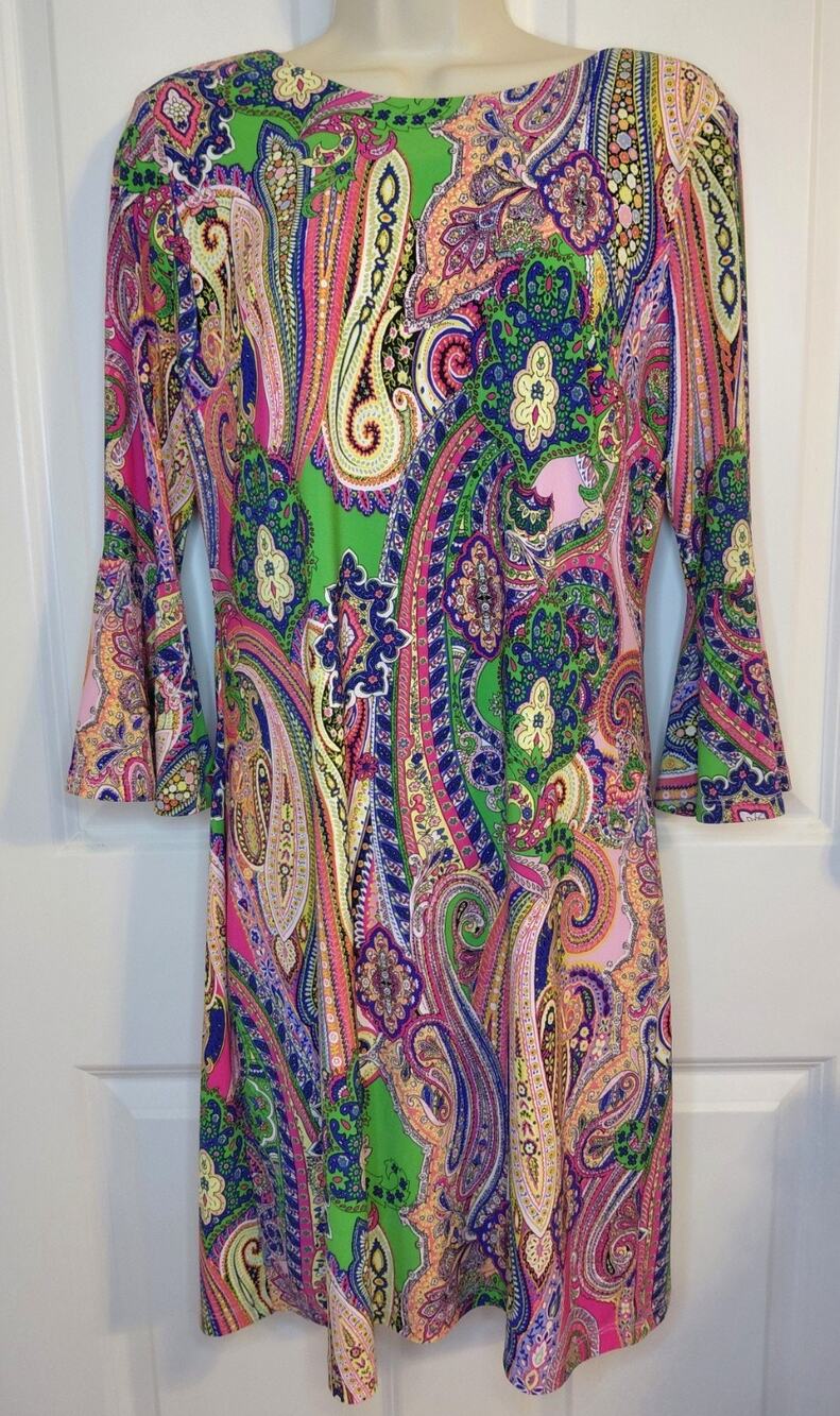 Tommy Hilfiger Paisley Bell Sleeve Dress Green Pink Multi Retro Shift 10P Petite